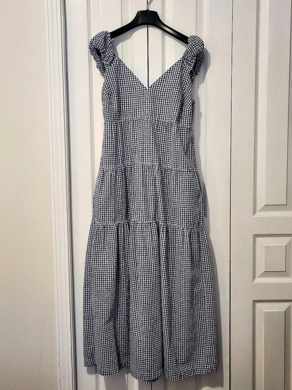 Old Navy Cotton Tiered Gingham Midi Dress in Navy Blue & White Size Small